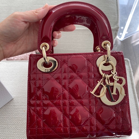 SOLD - Christine Dior Lady Dior Mini Cannage Red Patent Calfskin handbag - Picture 1 of 8